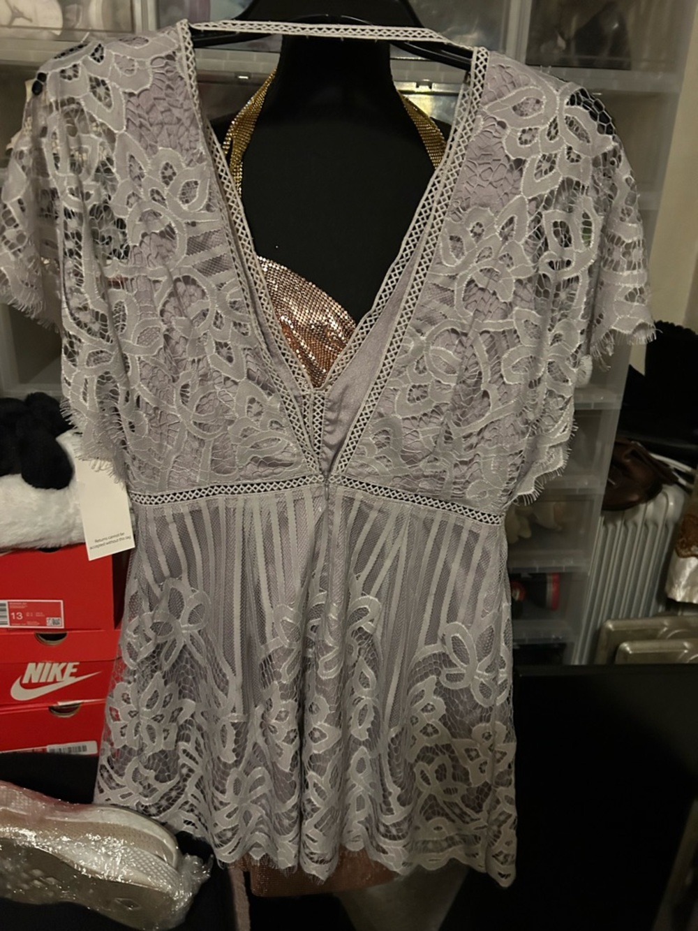 Lace V-Neck Mini Dress in Light Gray